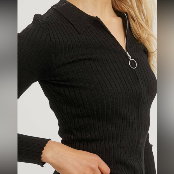 🆕Sweater Ribbed Fitted Collar Zip Up Black S, M & L Available - Picture 2 of 6